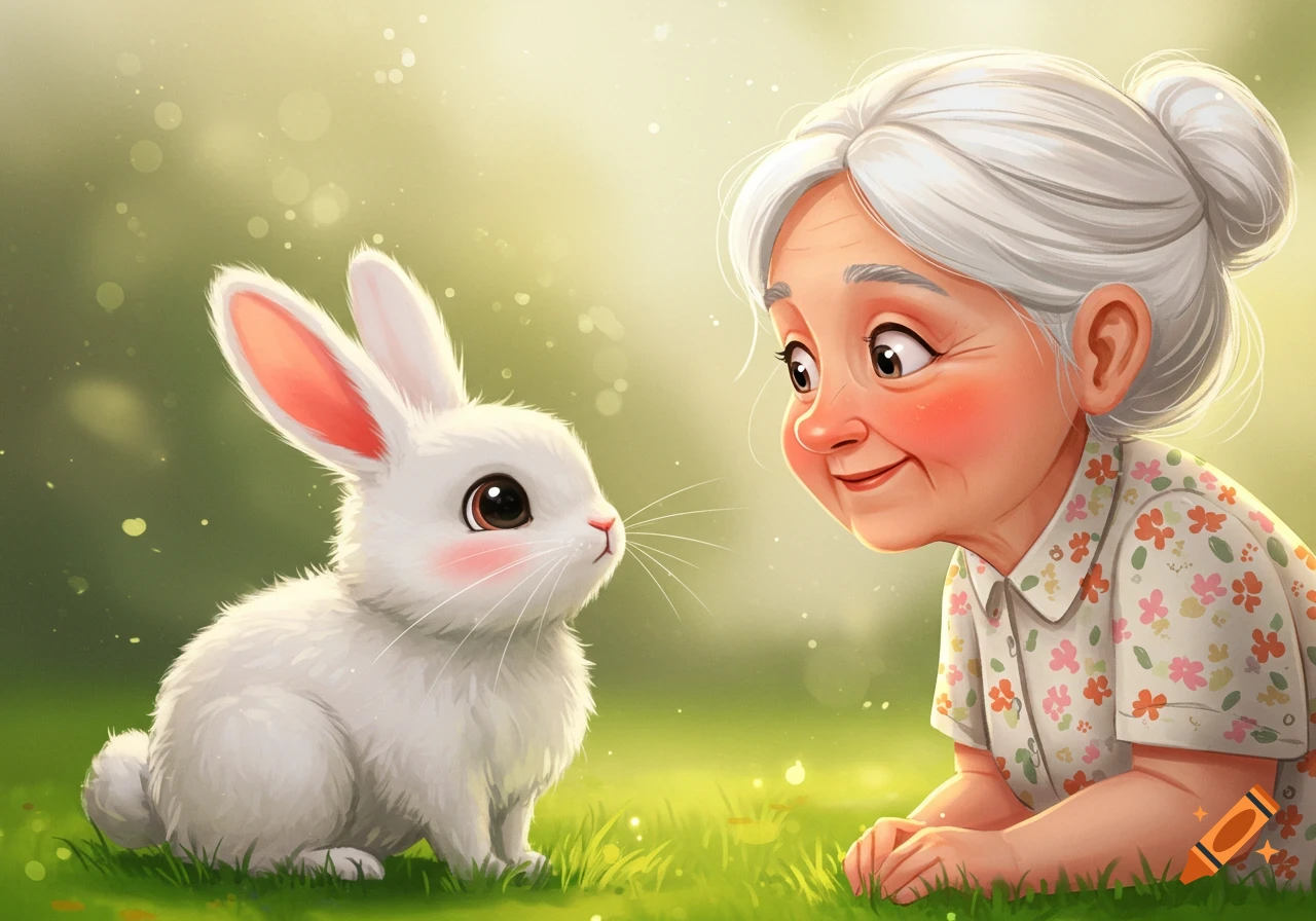 A cute white rabbit and a smiling old woman in a sunny field. Illustration style.