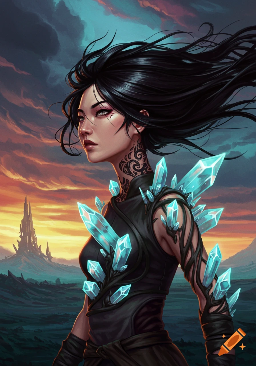 Fantasy illustration of a woman with black hair and crystals on her body against a sunset sky.
