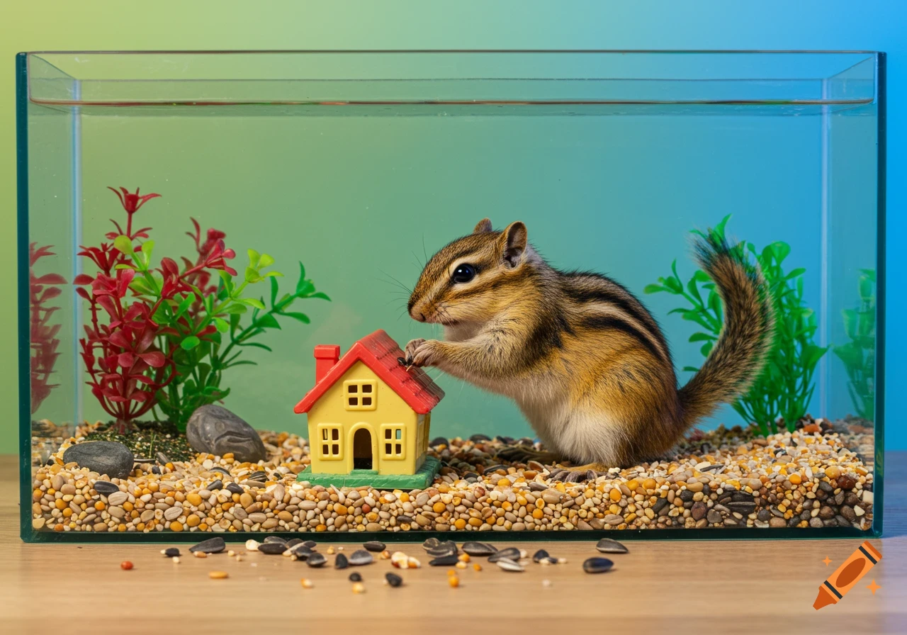 Chipmunk with a toy house inside an aquarium tank with gravel, seeds, and plastic plants.