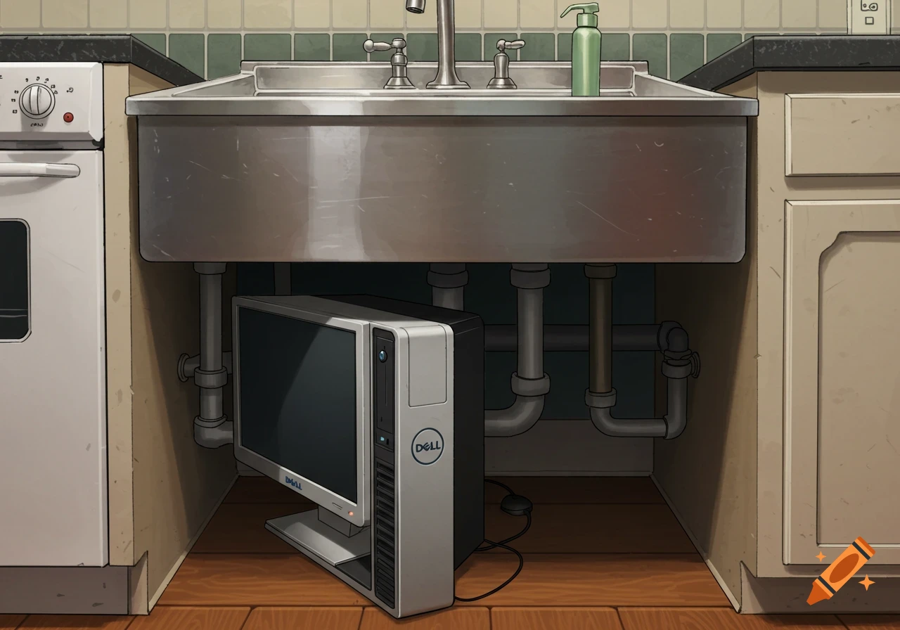 A Dell desktop computer sits under a kitchen sink. Stylized illustration.
