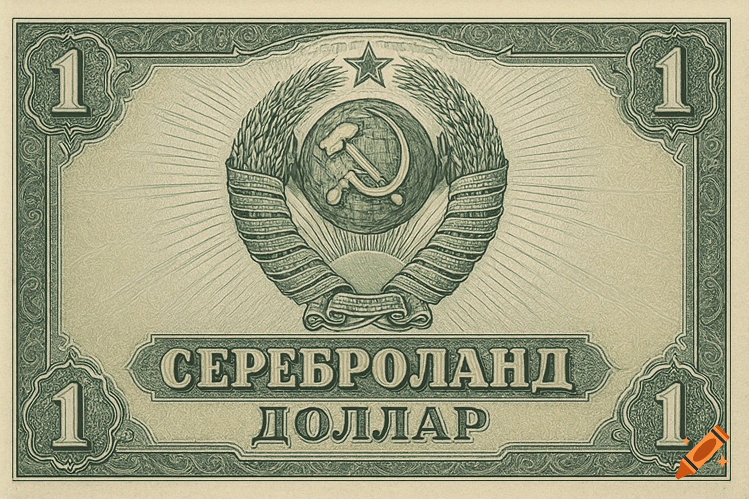 Soviet-style banknote with hammer and sickle emblem and text 'Silverland Dollar' and the number 1.
