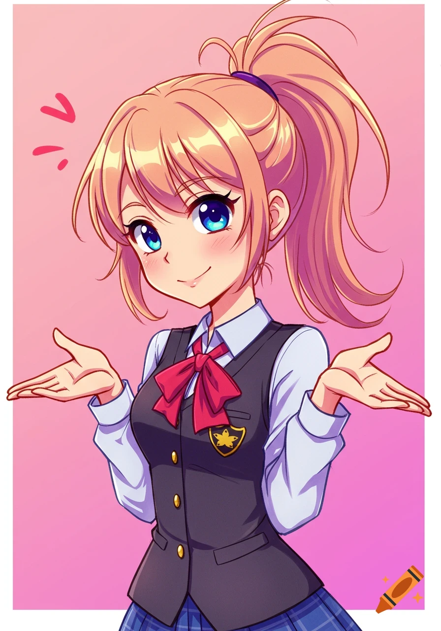 Anime girl with a ponytail shrugging in a school uniform.