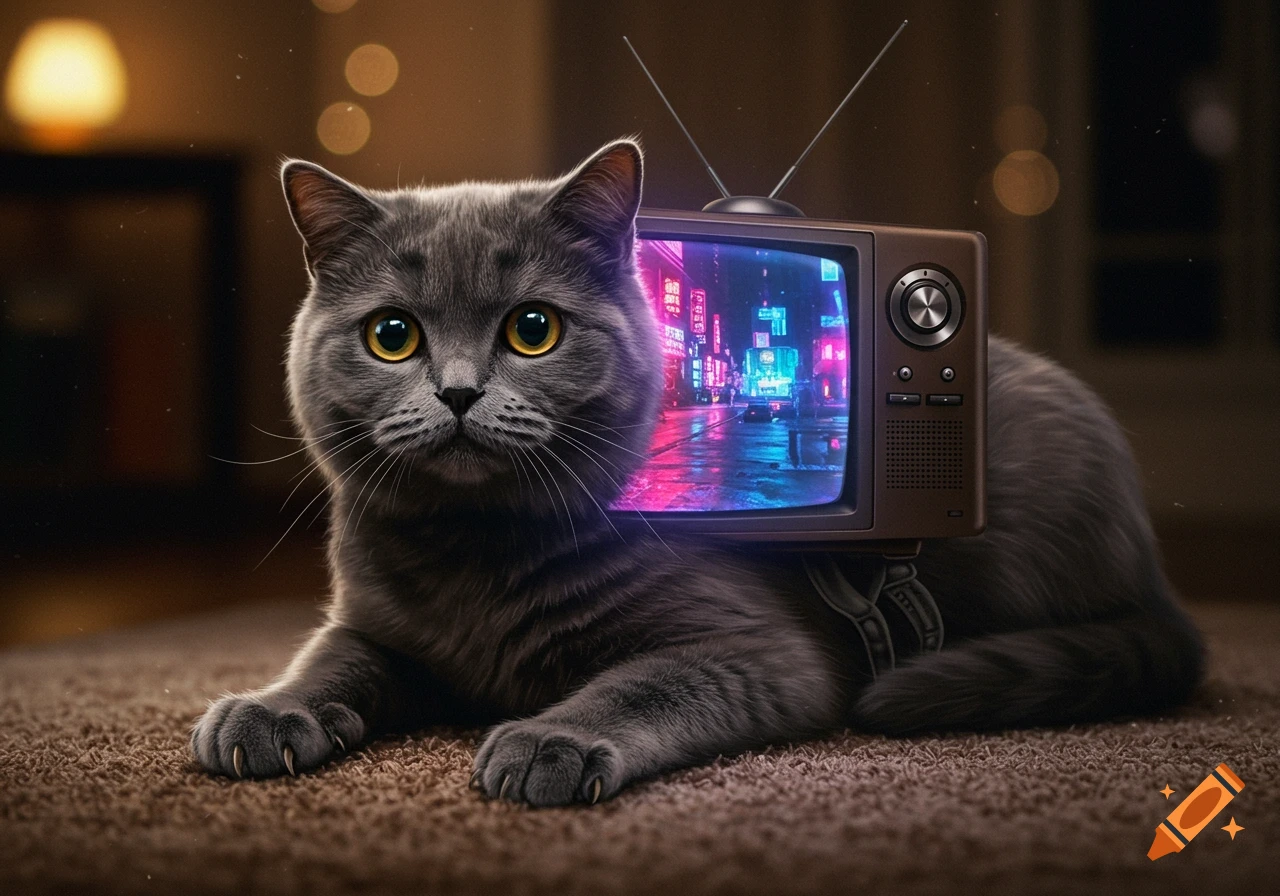 A gray cat with a vintage TV on its back showing a neon city street scene, lying on a rug.