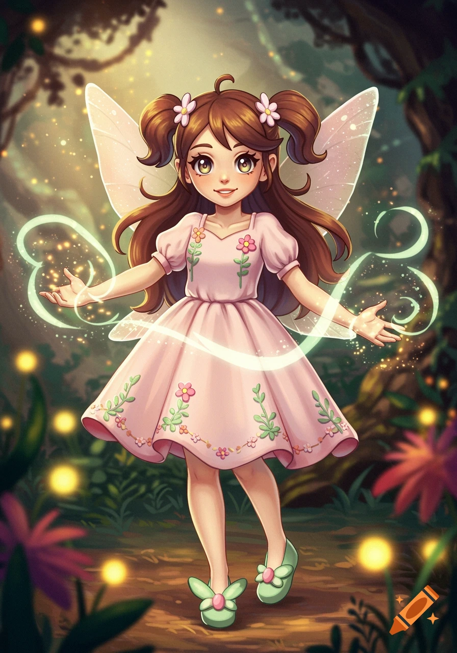 A cute cartoon fairy girl with pigtails and a pink dress stands in a forest, surrounded by glowing light.