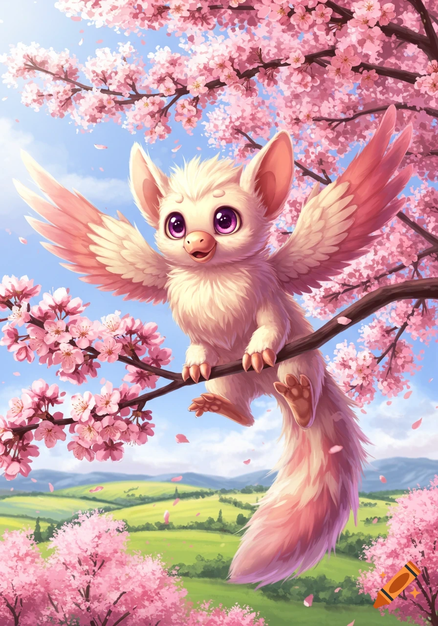 A fluffy, pink and white winged fantasy creature sits in a cherry blossom tree with a spring landscape below, digital art.