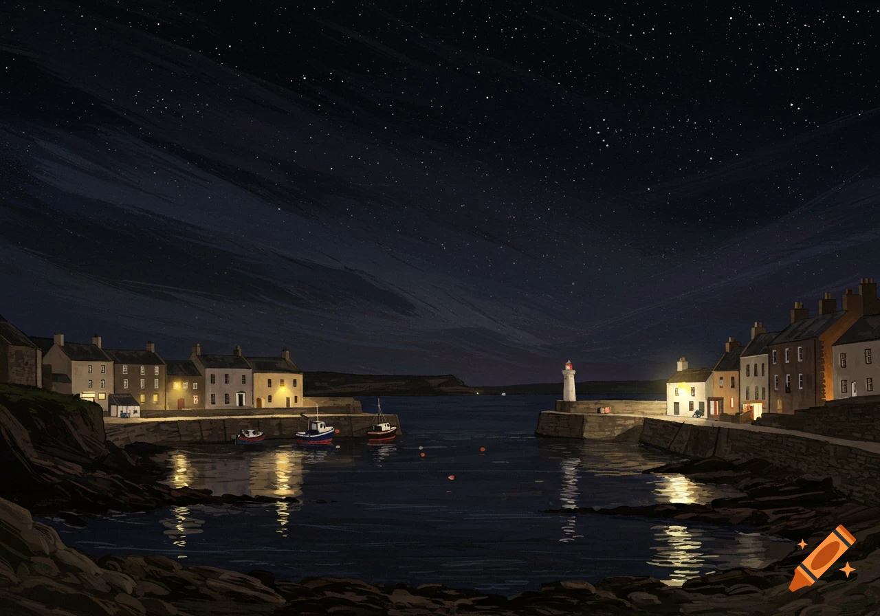 Coastal harbour at night with starry sky, lighthouse, buildings, and boats.
