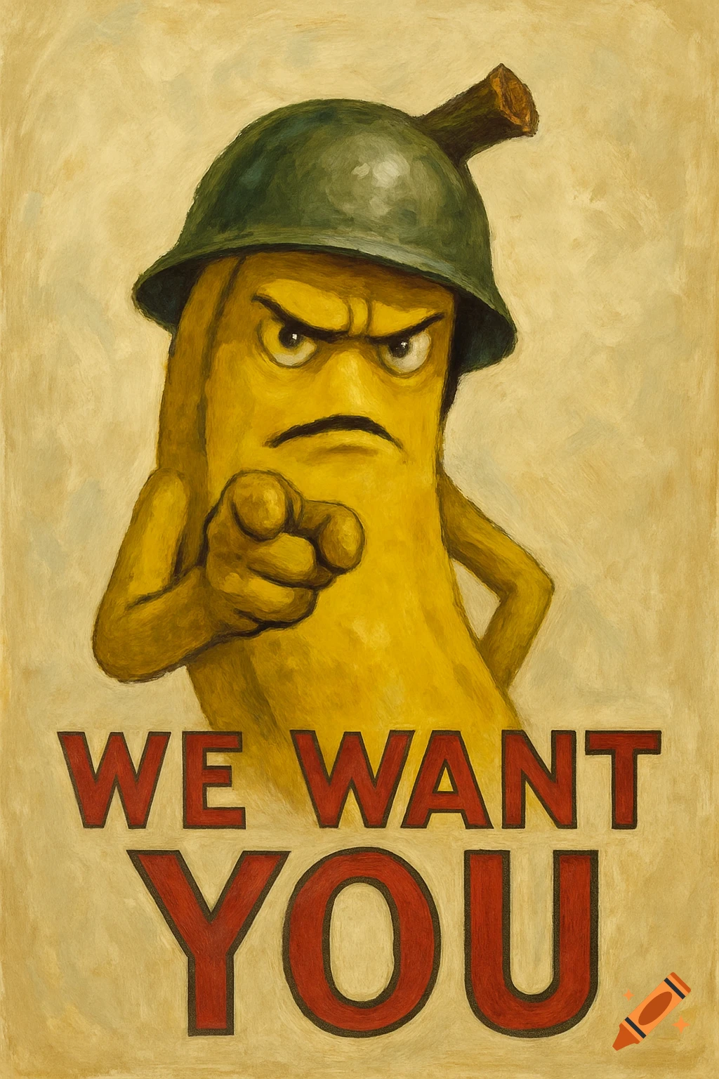 A cartoon banana character in a military helmet points forward in the style of a recruitment poster, with the text 'WE WANT YOU' below.