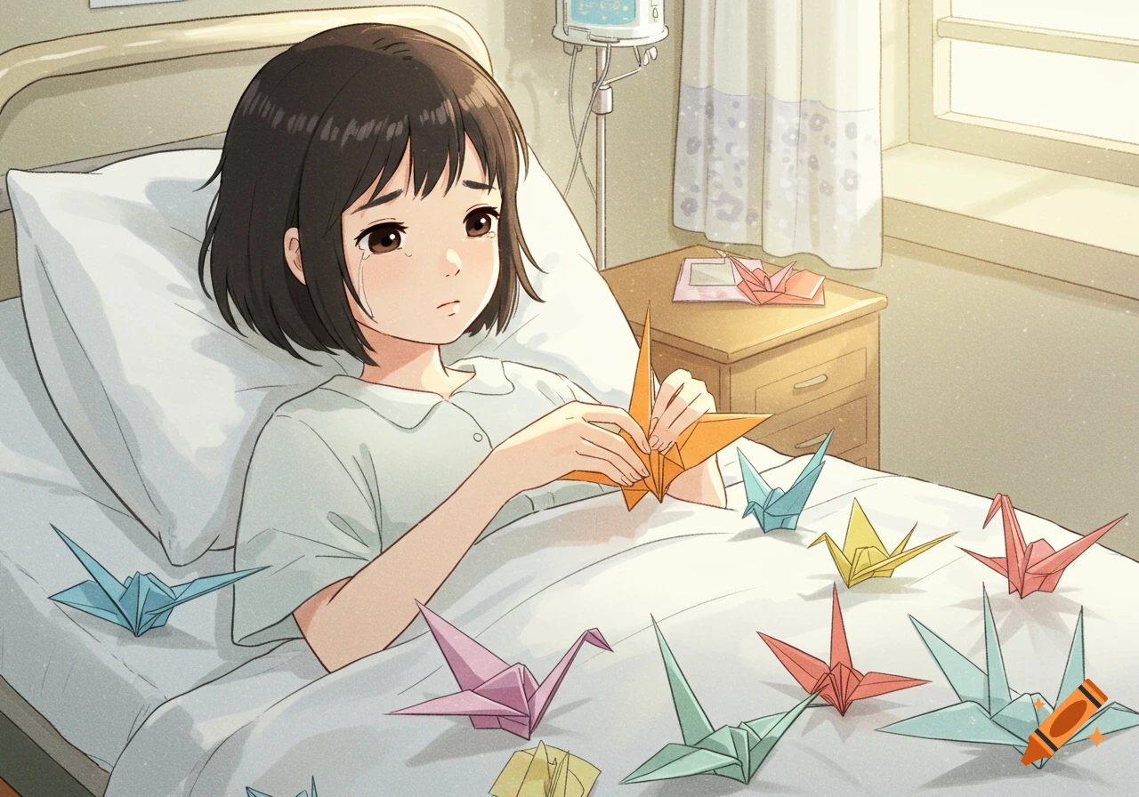 Anime illustration of a sad girl folding paper cranes in a hospital bed. on  Craiyon, image size:1280x896