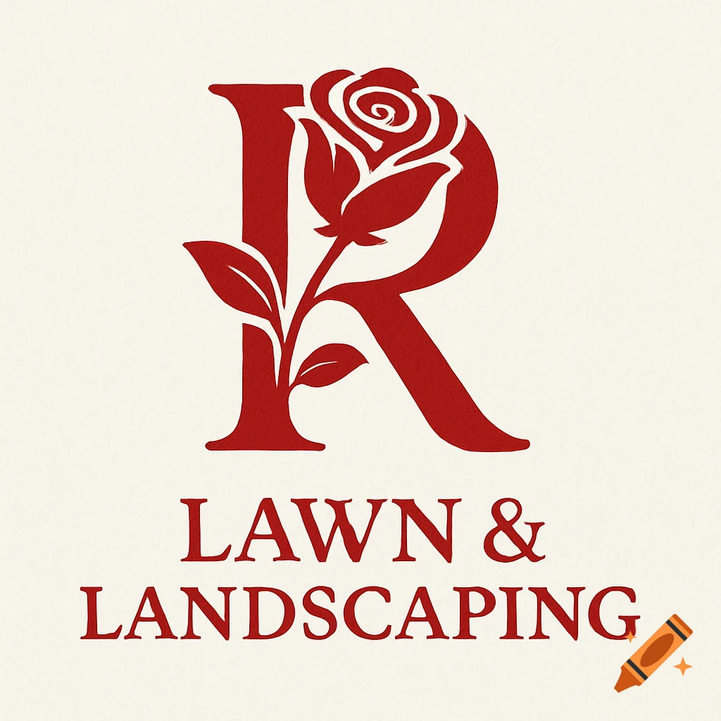 Red capital R stylized as a rose above text 'LAWN & LANDSCAPING'. Logo design.