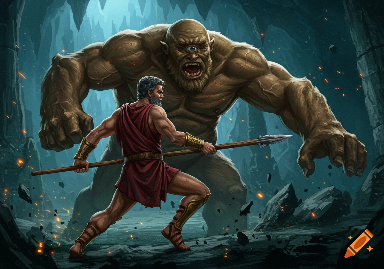 Fantasy illustration of a man battling a giant cyclops in a cave.