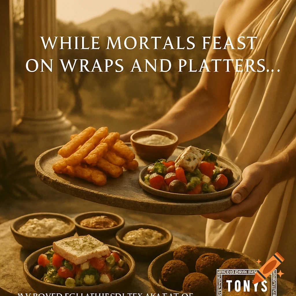 A hand holds a tray of halloumi fries and Greek salad in an ancient Greek setting with text overlay.