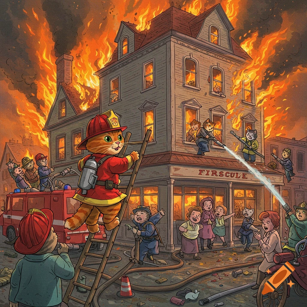 Illustration of cartoon cats as firefighters battling a large fire at a building while people watch.