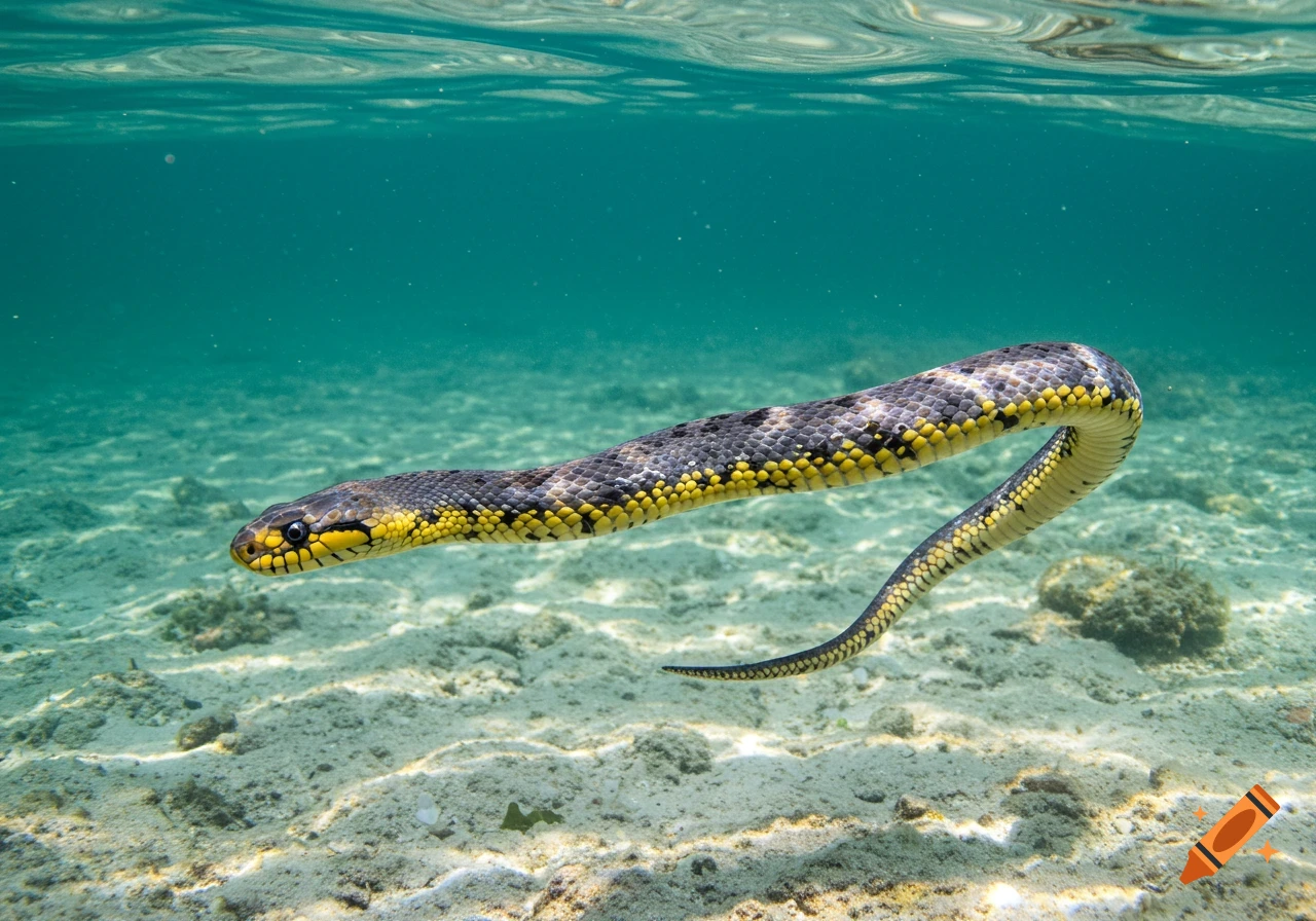 A yellow and black sea snake swims over a sandy seabed in clear water.