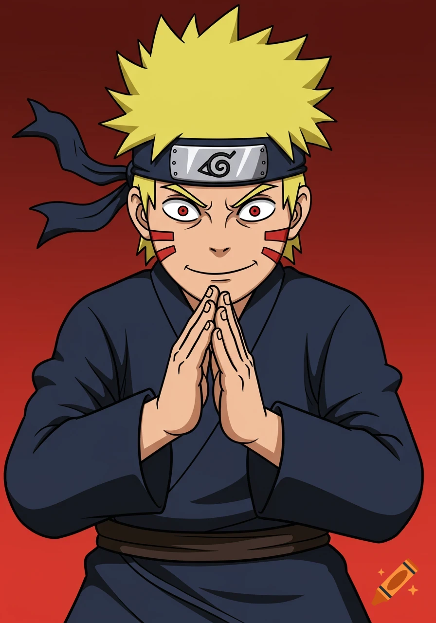 Cartoon of a blond ninja with red marks and a forehead protector, holding his hands together and staring menacingly.