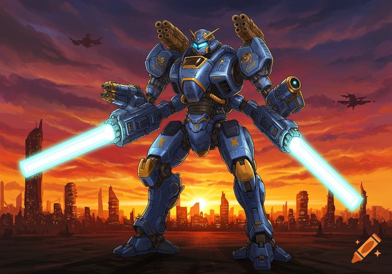 Large blue and gold battle mech stands in front of a futuristic city skyline at sunset.