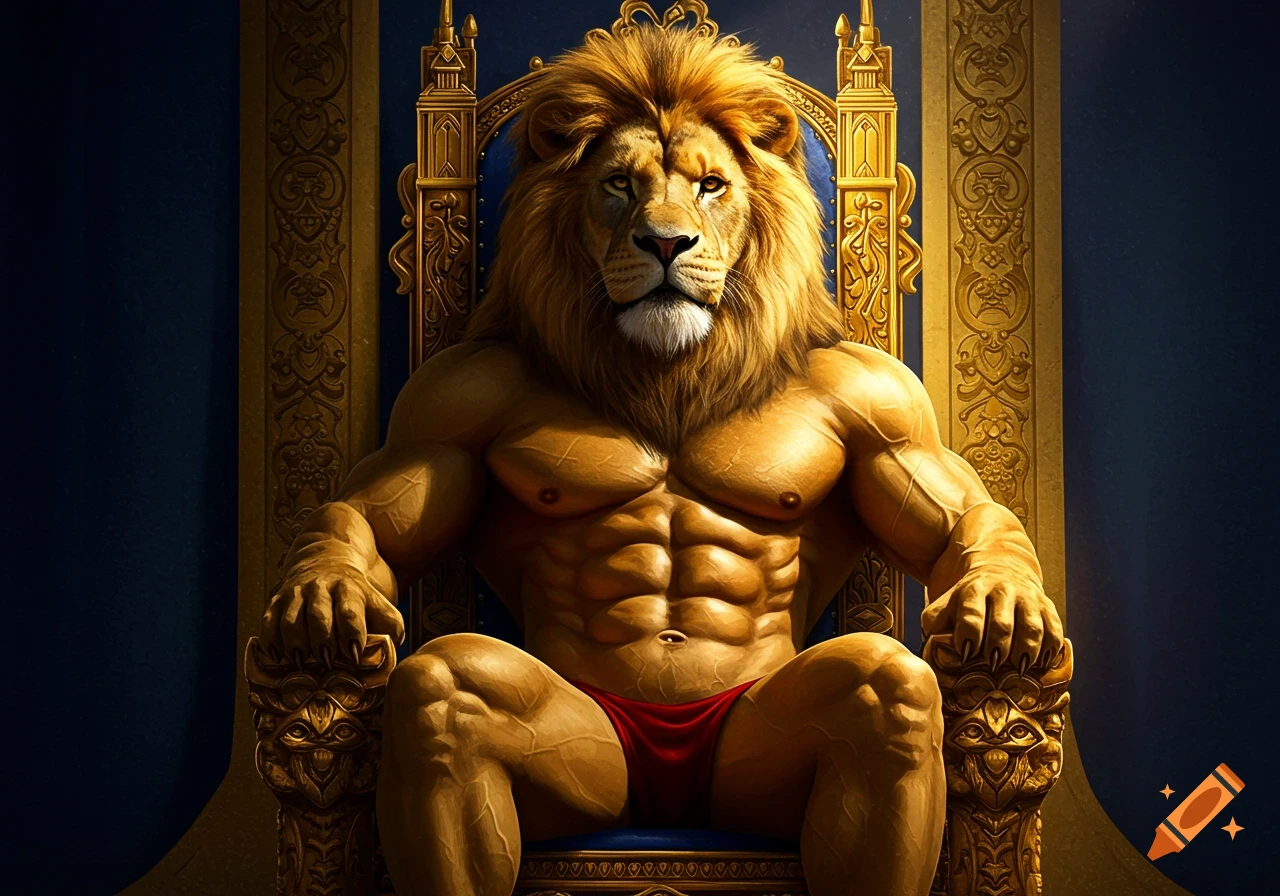 A muscular lion sits on a golden throne.