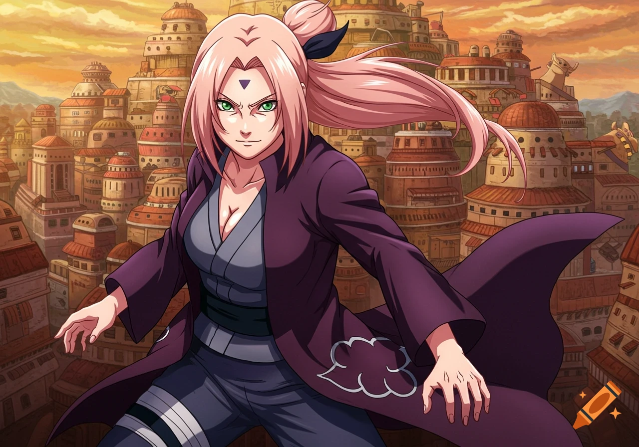 Anime character resembling Sakura from Naruto stands in a detailed village.