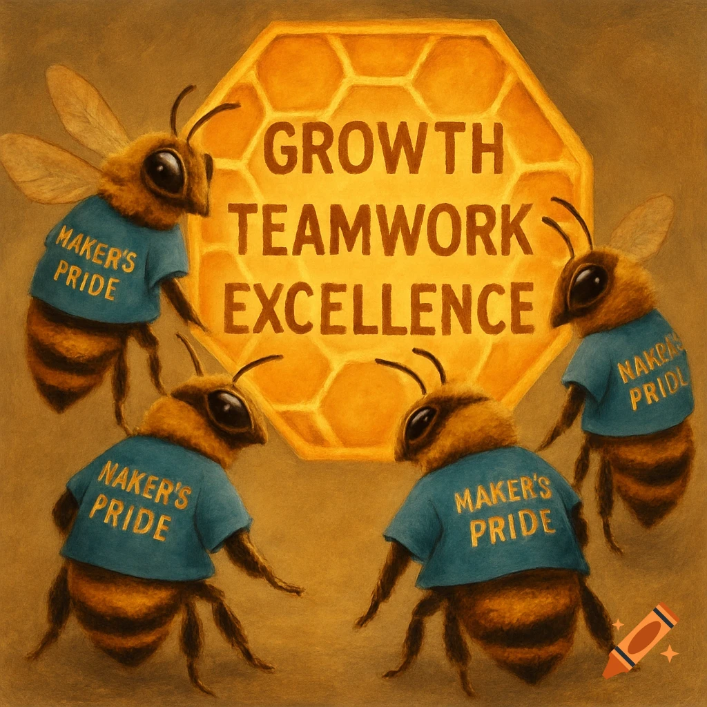 Painted illustration of bees in blue 'Maker's Pride' shirts gathered around a honeycomb sign that reads 'Growth Teamwork Excellence'.