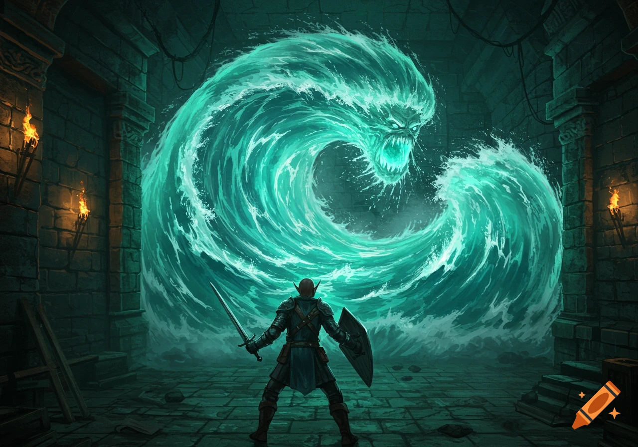 Figure in armor faces a raging water elemental in a dark dungeon chamber.