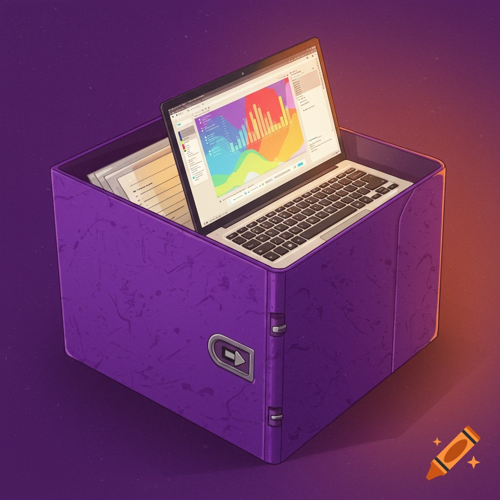 A purple binder with an open laptop inside showing a colorful data chart in a digital art style.
