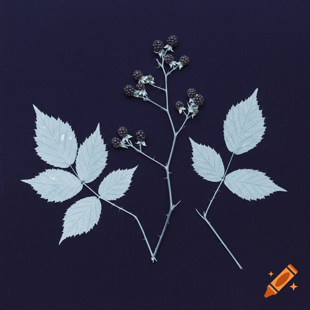 Cyanotype photogram of blackberry leaves and berries on a dark background.