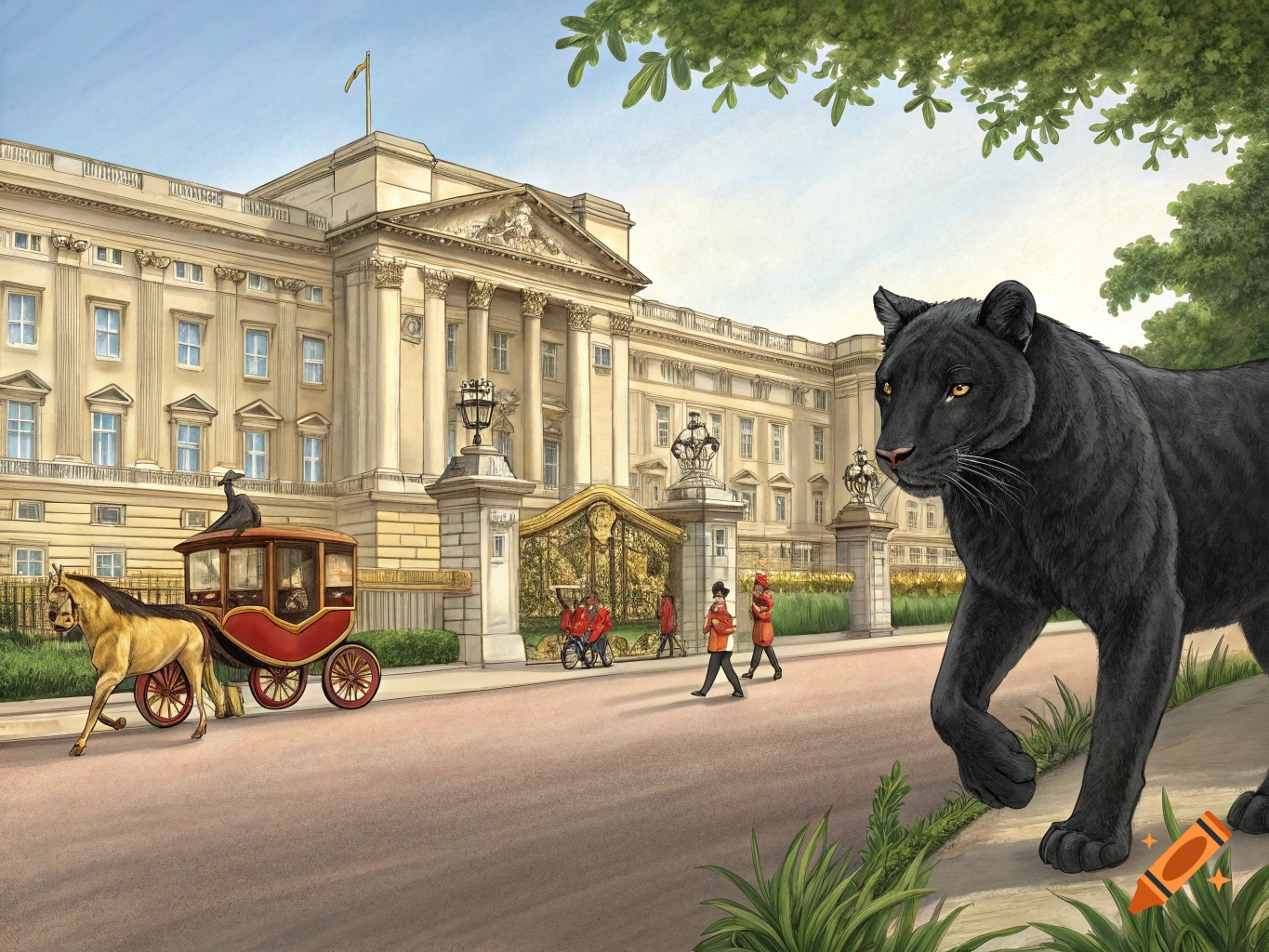 An illustration of a black panther standing near Buckingham Palace with a horse-drawn carriage and guards.