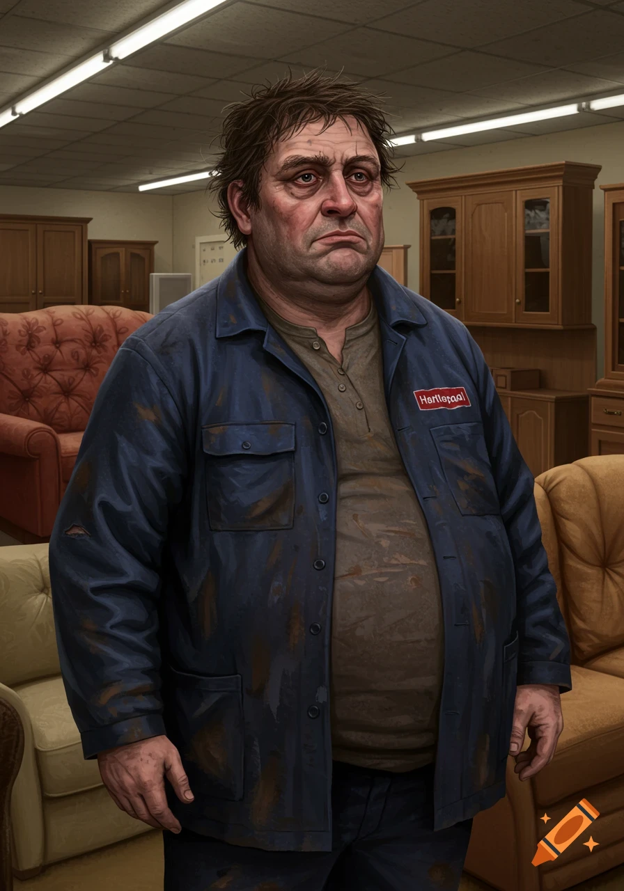 Portrait of an obese man in a dirty blue work jacket standing in a furniture store.