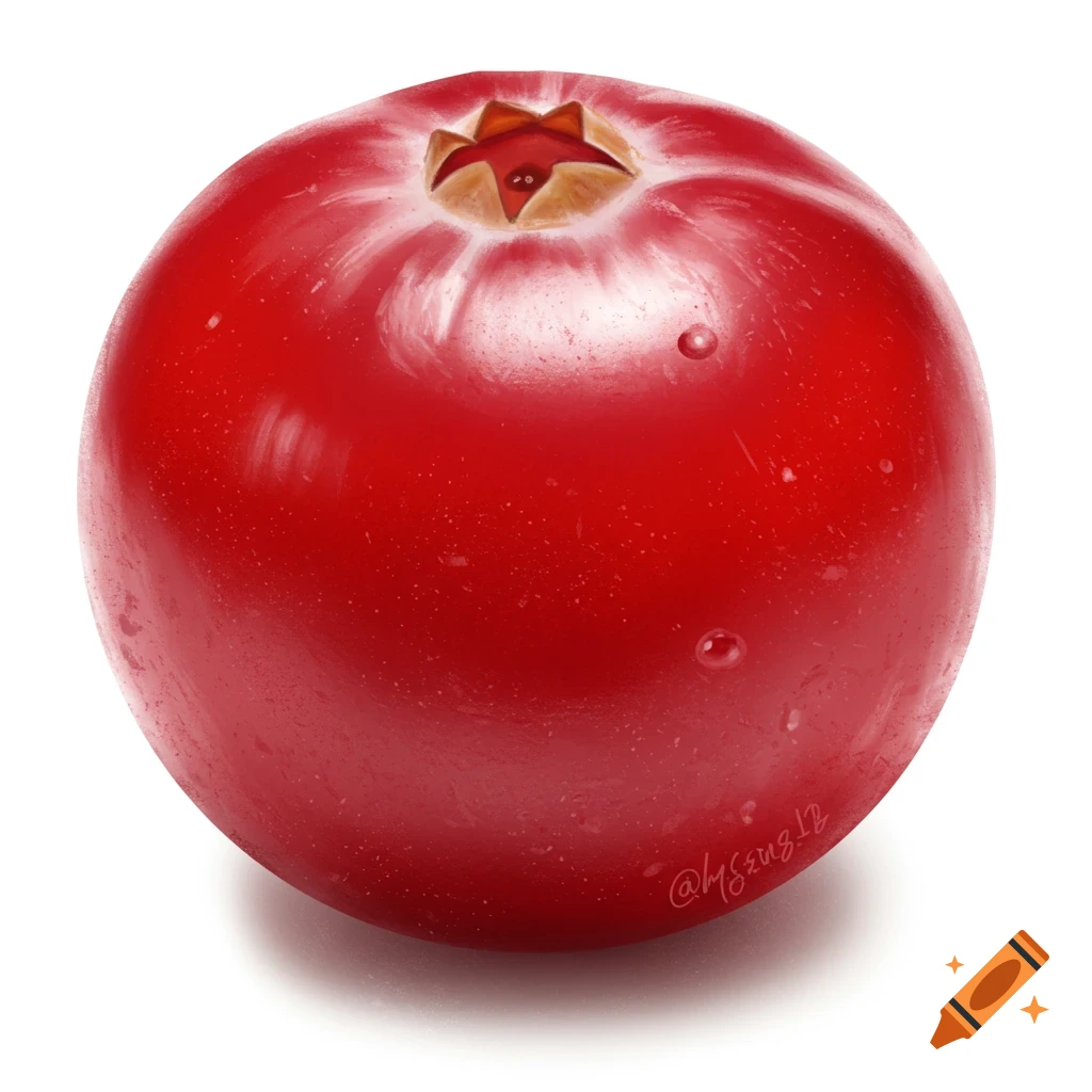 A realistic close-up of a single red cranberry with water droplets on a white background.