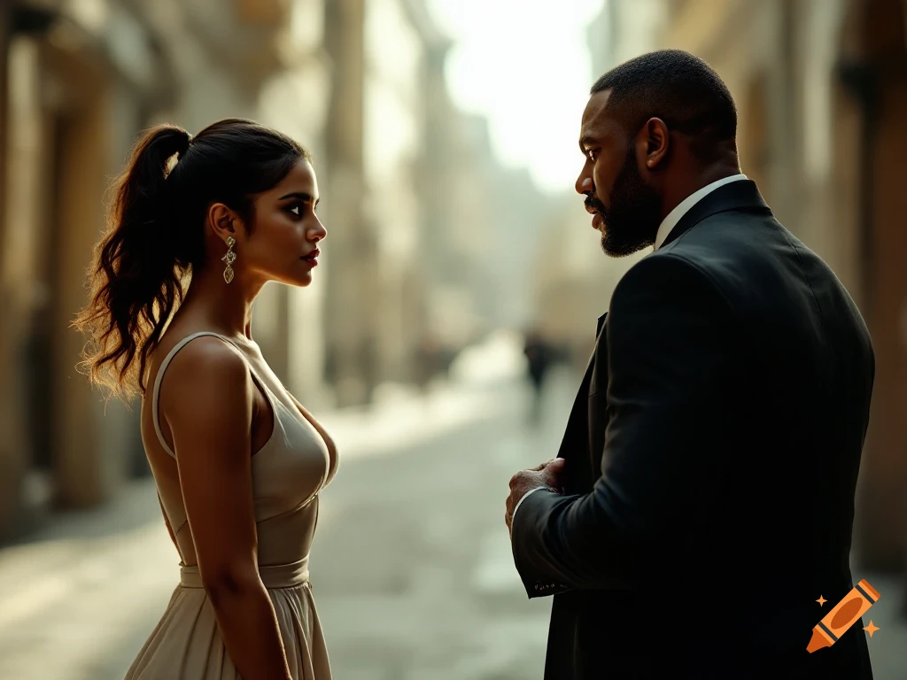 Woman in dress and man in suit face each other in a cinematic street scene.