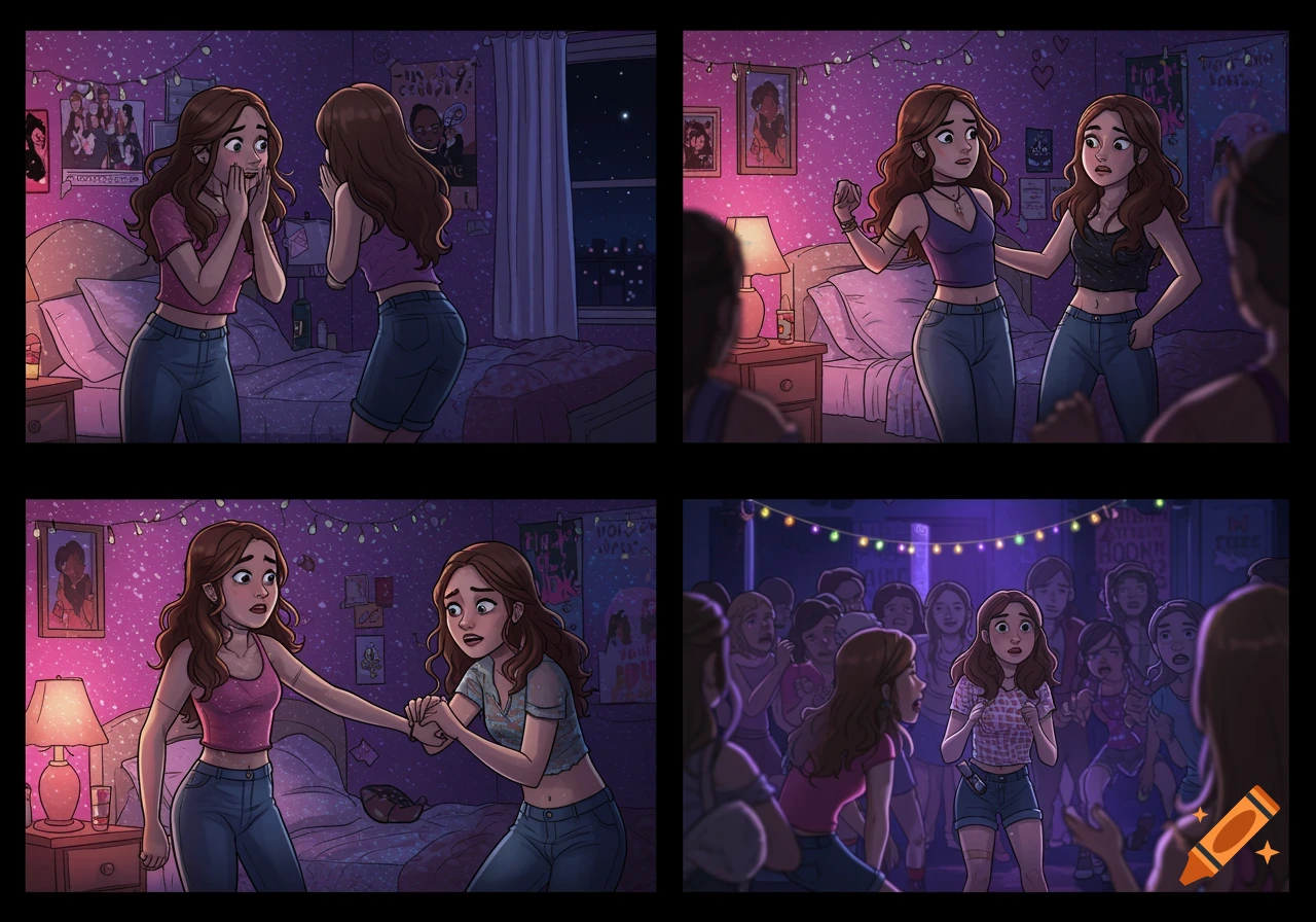 Four comic panels show two teen girls in a bedroom, at a party, and facing consequences.