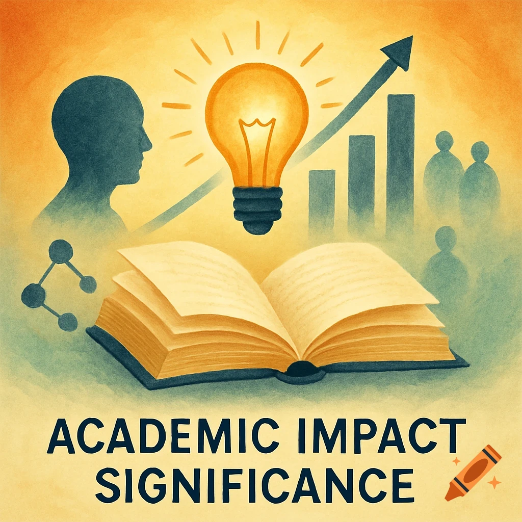 Watercolor illustration showing a profile silhouette, a lightbulb, a graph with an upward arrow, and an open book. Text reads 'ACADEMIC IMPACT SIGNIFICANCE'.