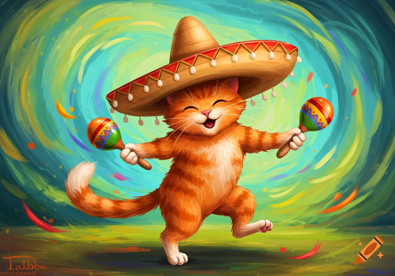 Cartoon orange cat dancing with a sombrero and maracas in a colorful, illustrative style.