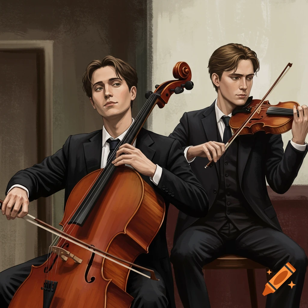Two men in suits playing a cello and a violin.