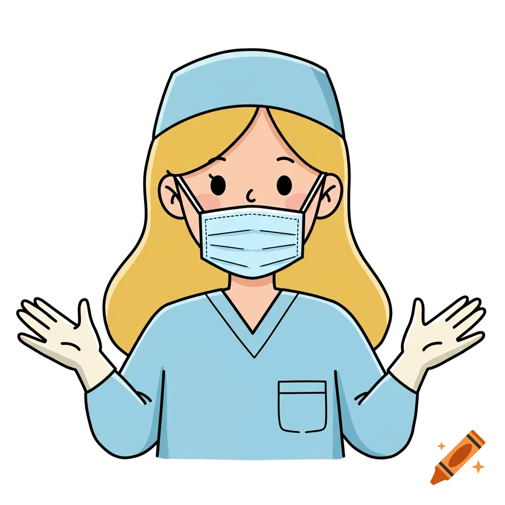 Cartoon illustration of a blonde female surgeon wearing a blue mask, cap, and gloves.