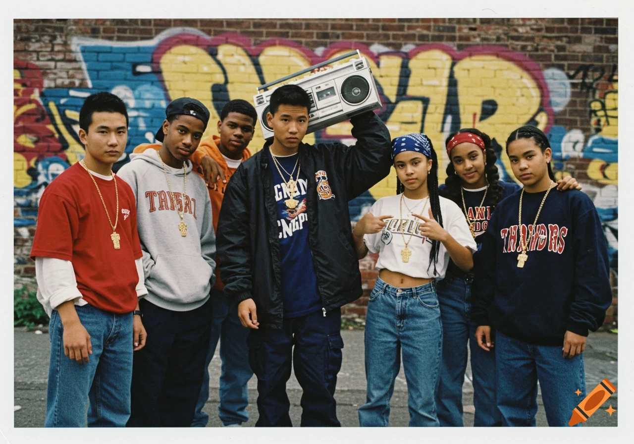 Group of teens in 90s streetwear with gold chains and a boombox in front of graffiti, Polaroid style.