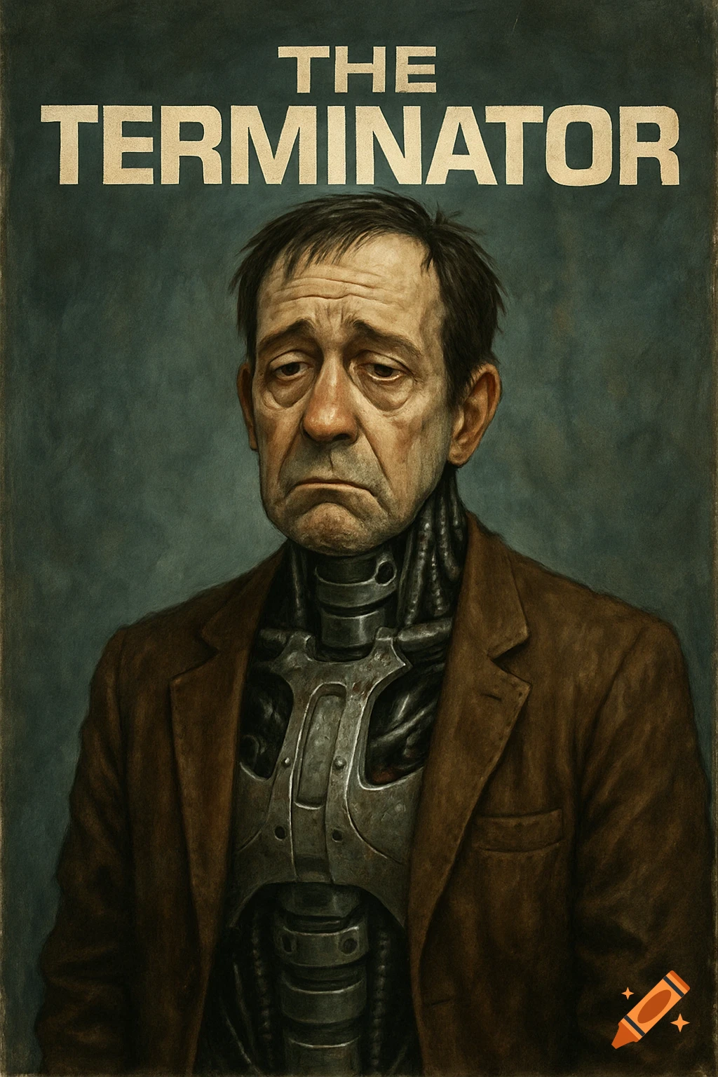 A painted movie poster parody shows a depressed middle-aged man with visible robot parts, titled 'THE TERMINATOR'.