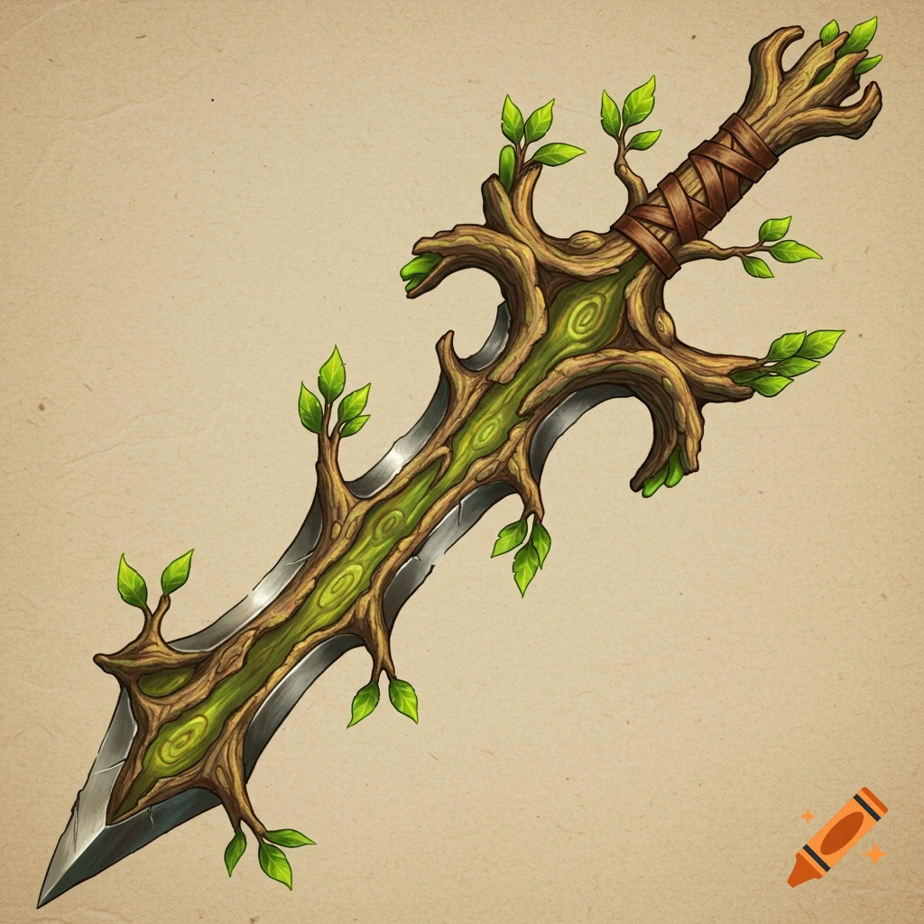 A stylized fantasy sword with a blade made of wood and leaves, on a neutral background.