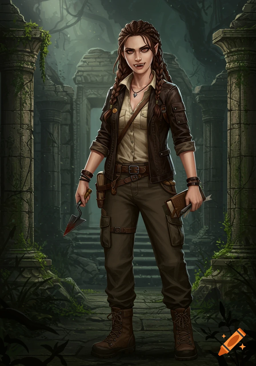 Female vampire archaeologist in ancient ruins, holding a trowel and book.