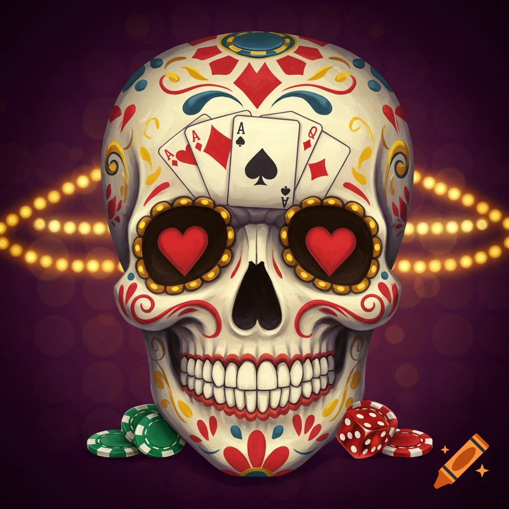 A sugar skull decorated with casino elements, including playing cards (Ace, King, Queen) on its forehead, hearts for eyes, dice, and chips.