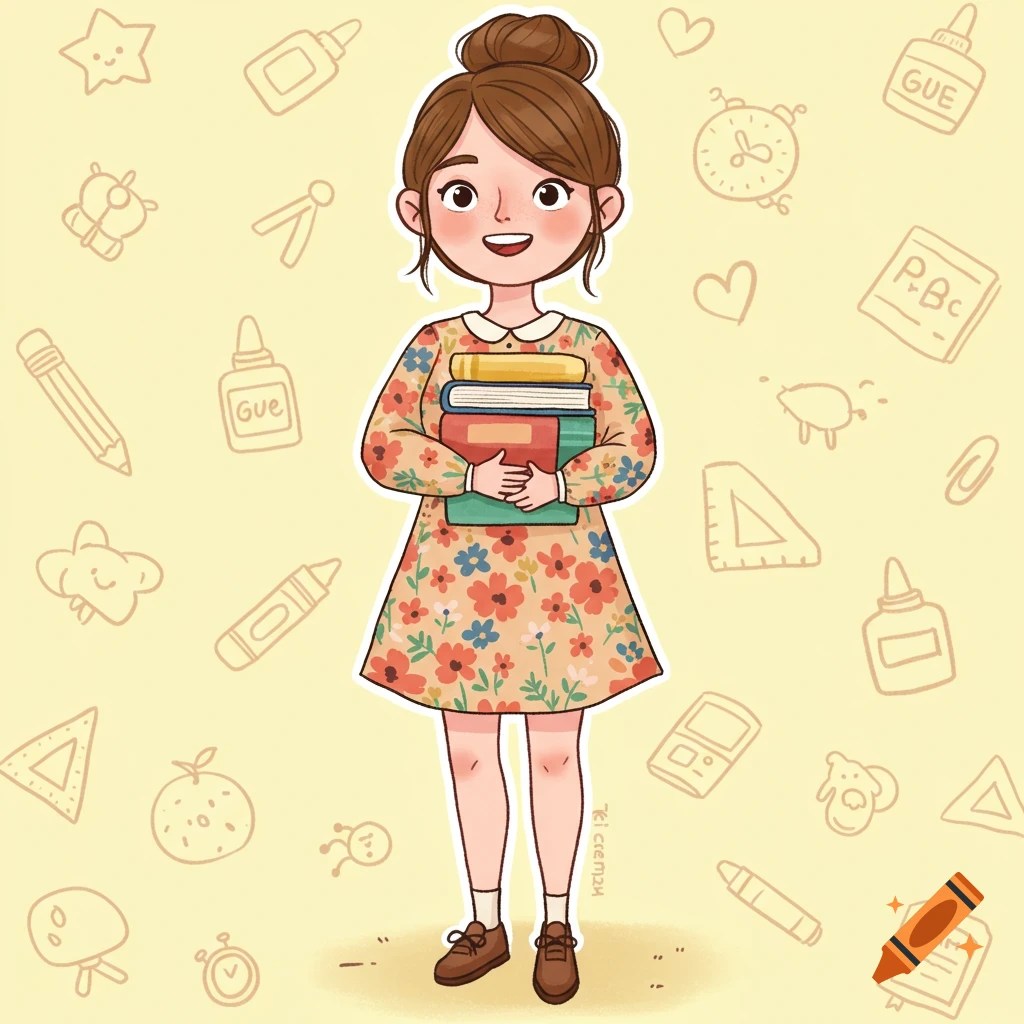 A cartoon illustration of a girl holding books, with school-themed doodles in the background.