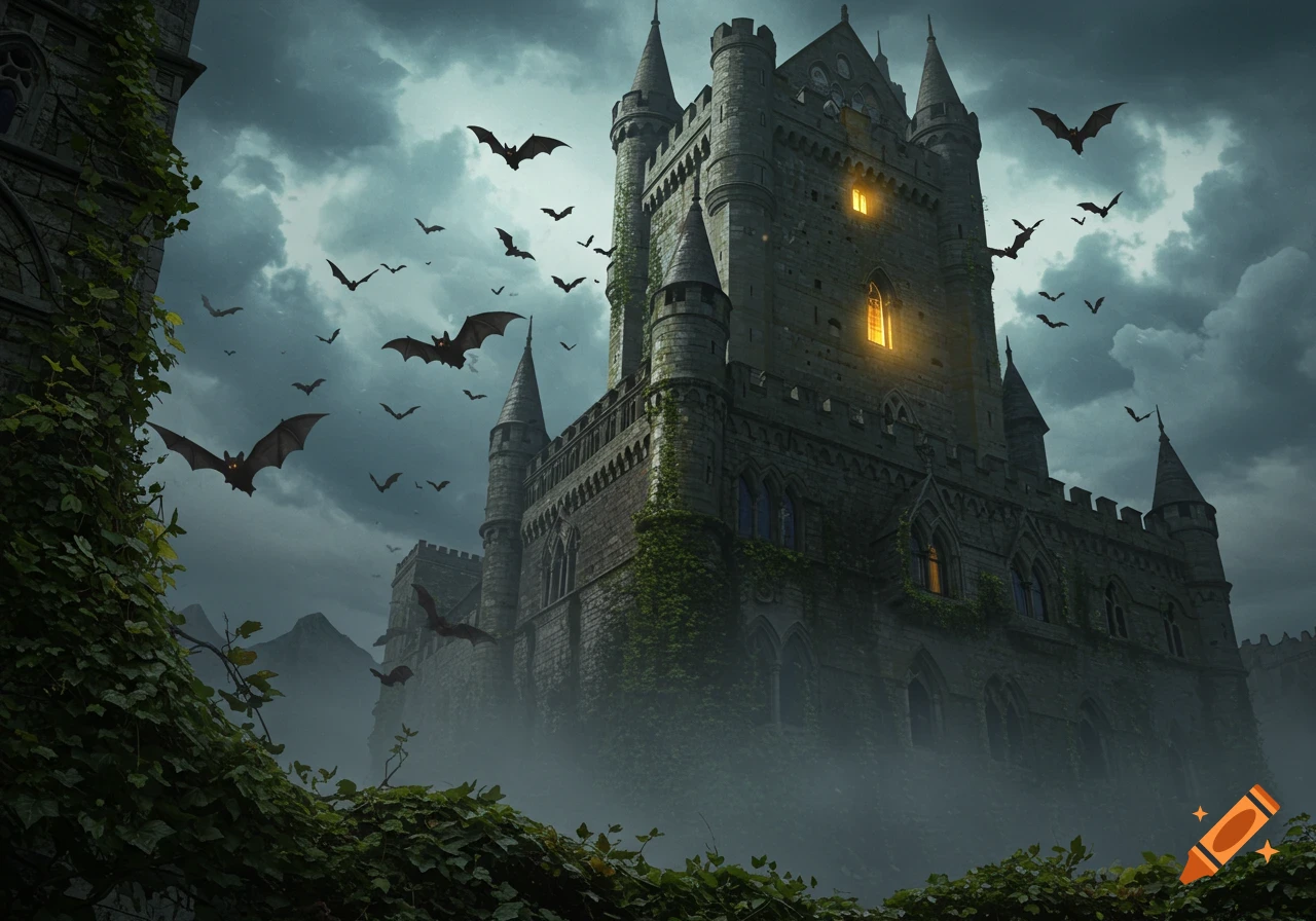 A dark, imposing castle covered in ivy with bats flying in a misty, cloudy sky.