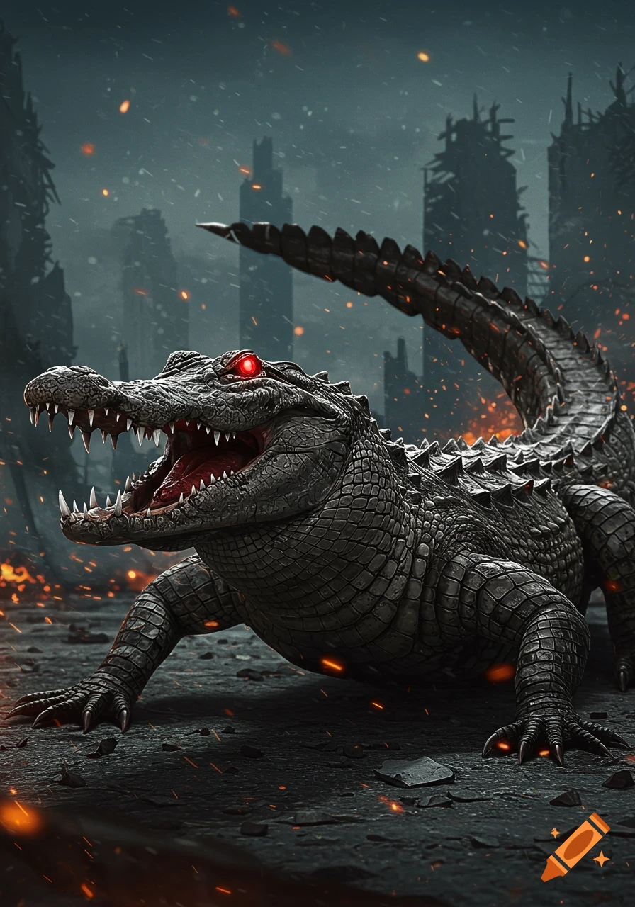Monstrous alligator with glowing red eyes in a destroyed city landscape