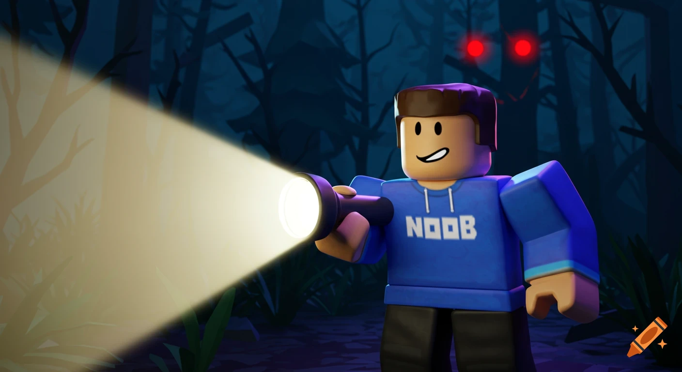 Roblox noob character holding a flashlight in a dark forest with red eyes in the background, game thumbnail style.