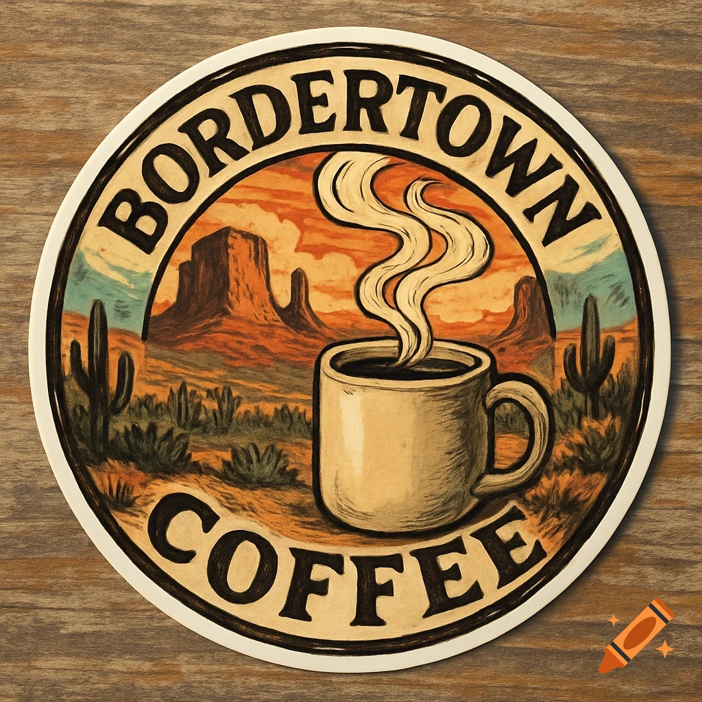 Circular sticker illustration of a coffee cup steaming in a desert landscape with mountains and cacti, text reads BORDERTOWN COFFEE.