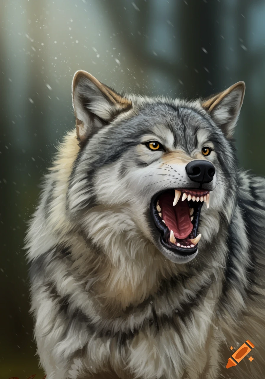 A close-up, realistic portrait of a gray wolf growling.