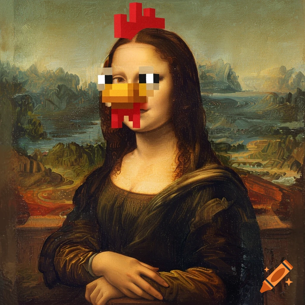 Mona Lisa portrait with a pixelated Minecraft chicken head covering her face