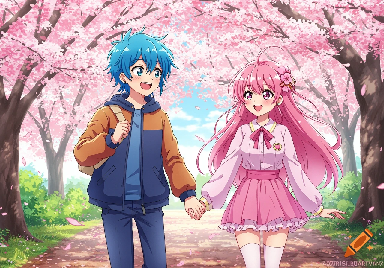 An anime couple holding hands walks under vibrant pink cherry blossom trees.
