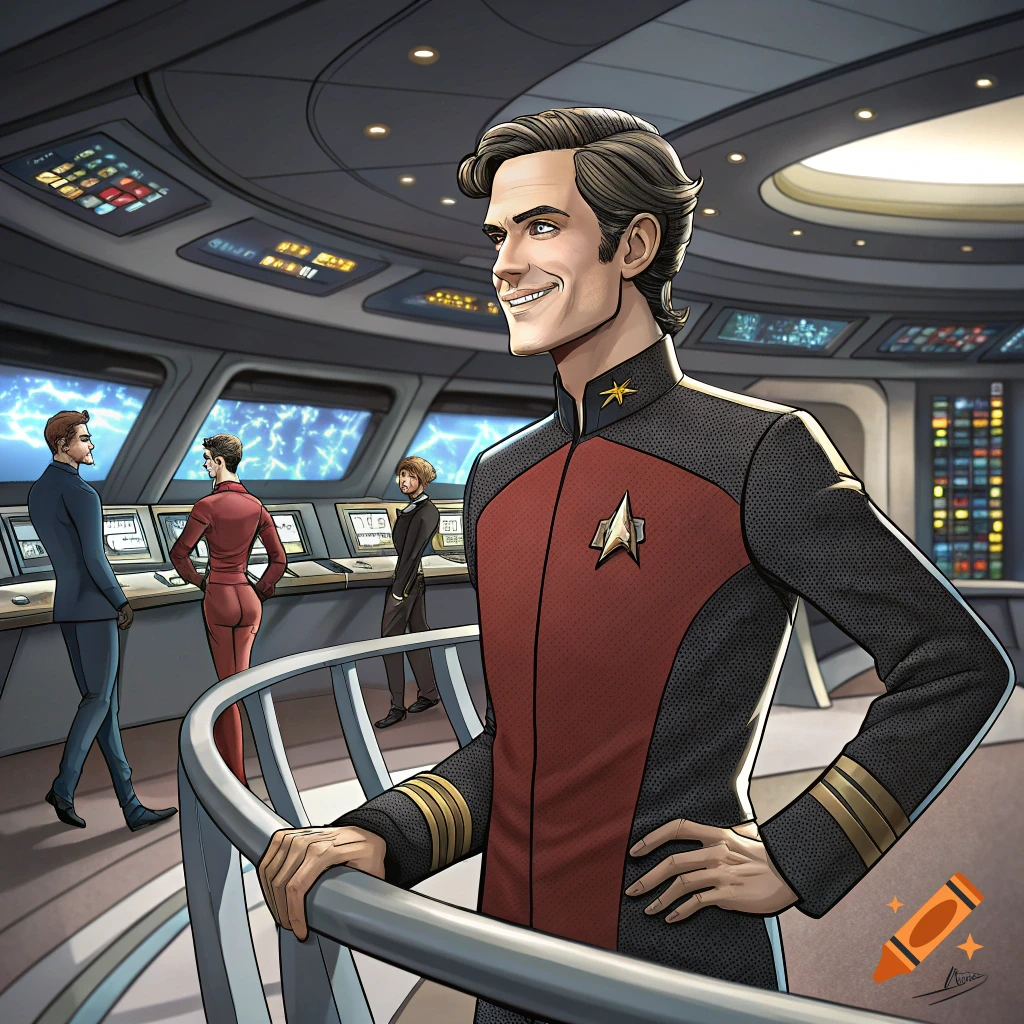 Man in a Starfleet-like uniform on a spaceship bridge with crew members in the background, illustrative style.