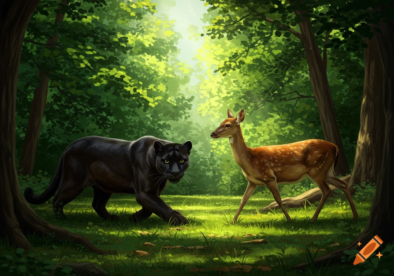 A black panther faces a deer in a sunlit forest clearing. on Craiyon