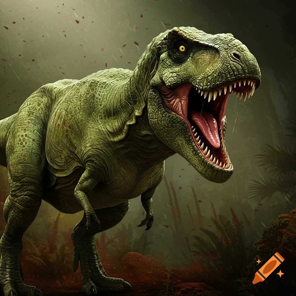 A detailed illustration of an angry green Tyrannosaurus Rex roaring in a misty prehistoric jungle.